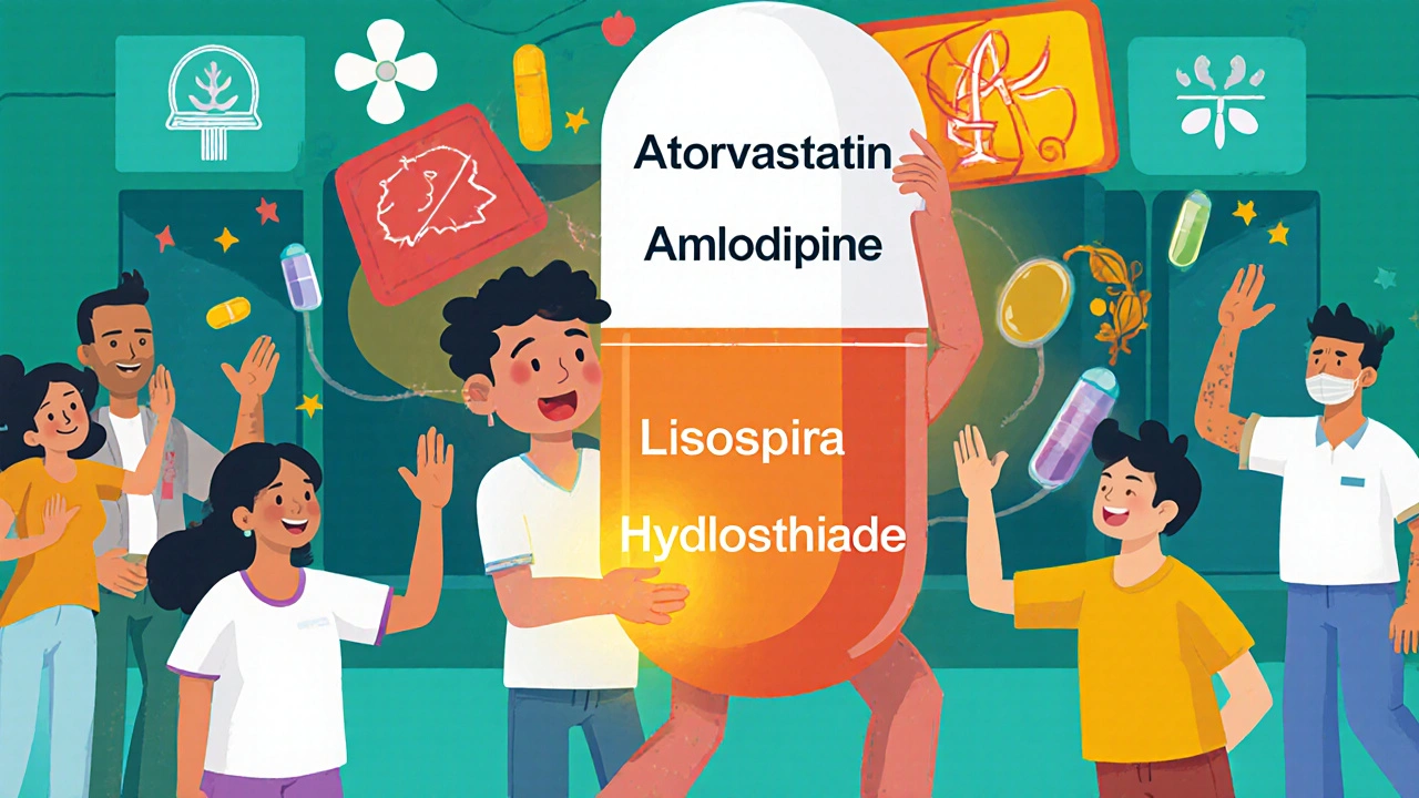 A pharmacist holds a vibrant alebrije-shaped combination pill while patients celebrate around them.
