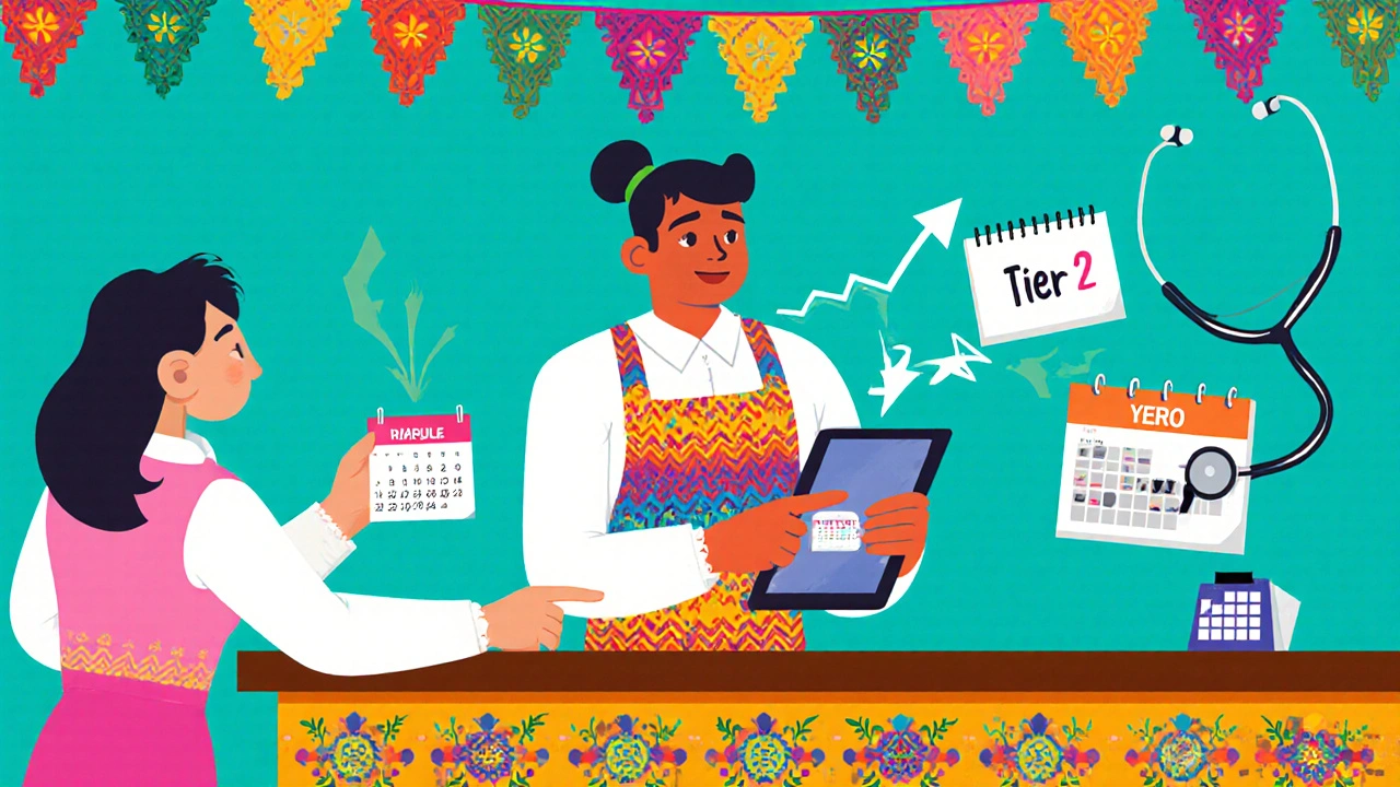 A pharmacist shows a patient a formulary change on a tablet, with colorful Mexican-style decorations around them.