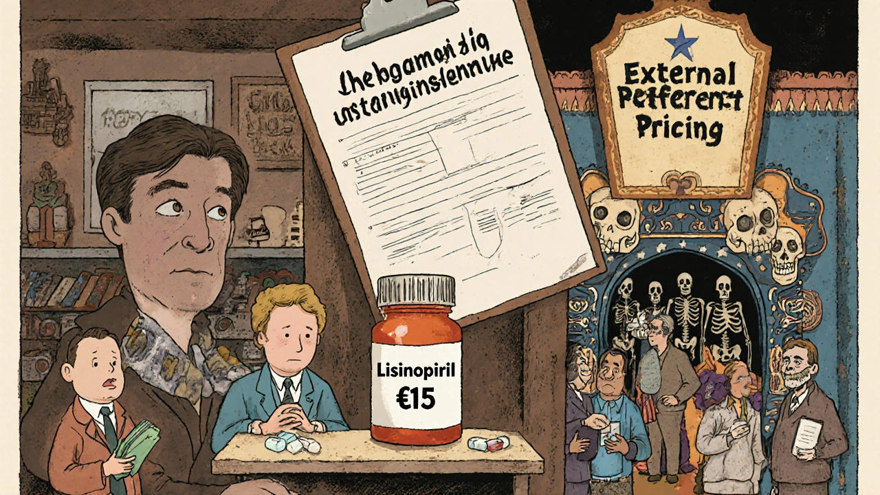 A quiet German pharmacy with an expensive pill and worried patients, styled in satirical Mexican folk art.