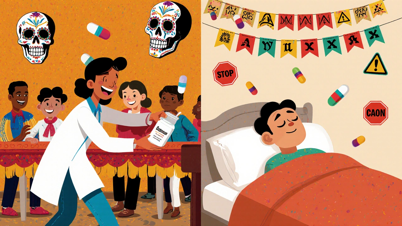 A split scene: one side shows a healthy patient receiving herbal pain relief, the other a frail patient surrounded by warning symbols.