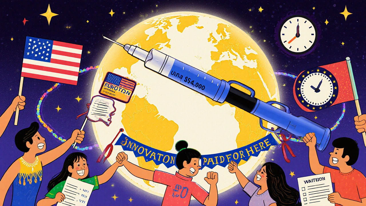 A tug-of-war between expensive U.S. insulin and cheap European version, with global innovation themes in vibrant cartoon style.