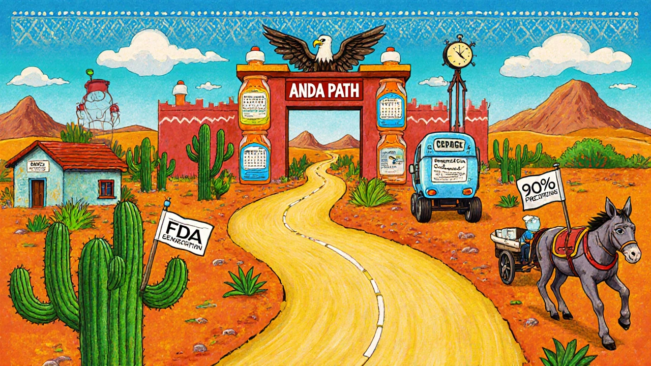 A winding road to FDA approval filled with patent cacti and inspection trucks, leading to a triumphant generic drug wagon.