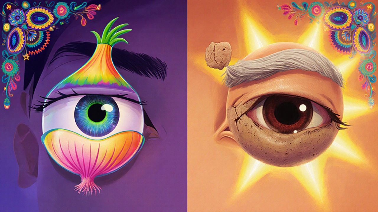 A young and old eye lens compared like a spring and a cracked clay ball, framed with traditional embroidery patterns.