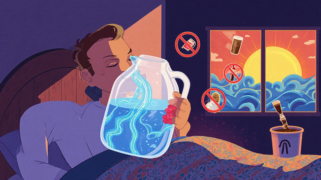 An elderly man drinking water at night, with glowing streams reducing inflammation in his body.