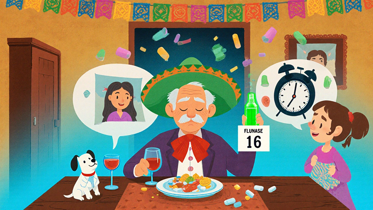 An elderly man nodding off at dinner, family member holding nasal spray, memories fading around him.