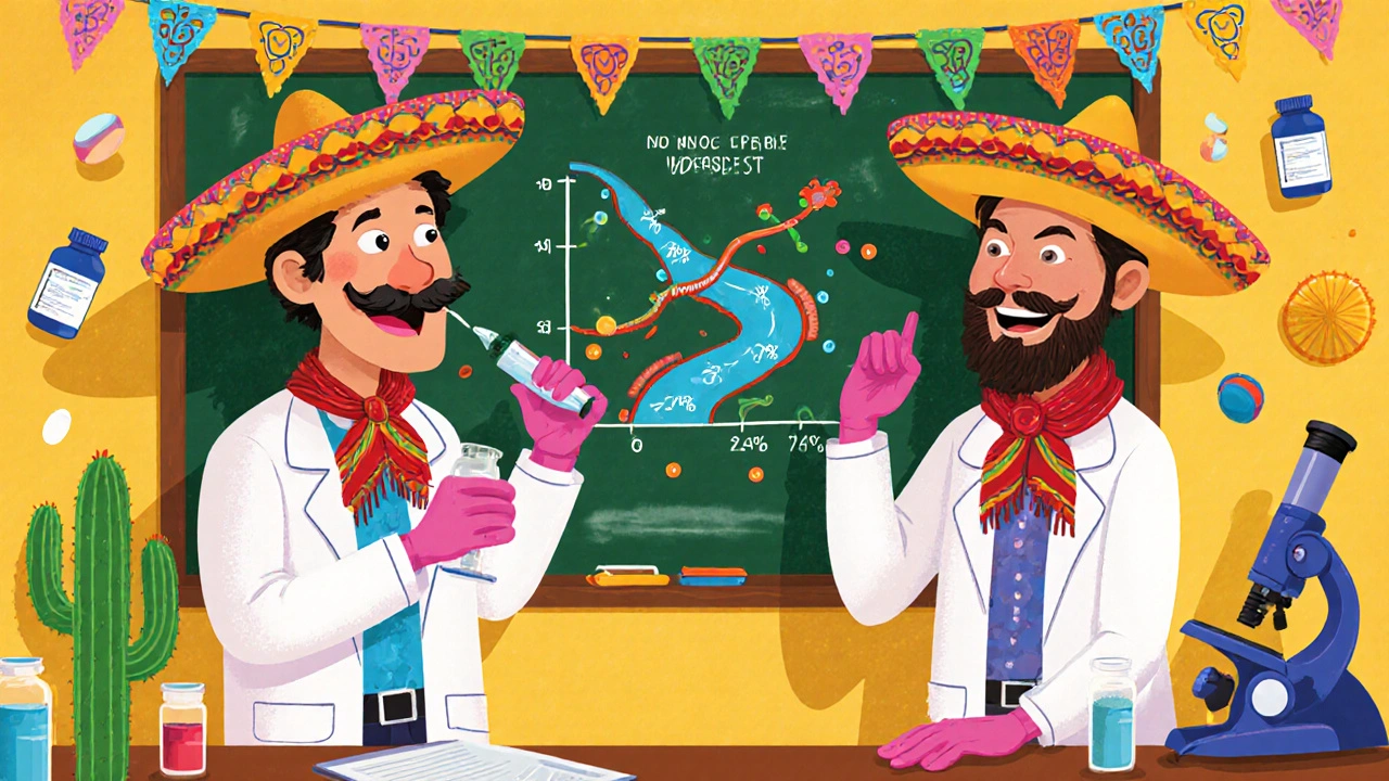 Colorful scientists in sombreros testing drug equivalence in a lively lab with dancing molecules and cactus microscopes.