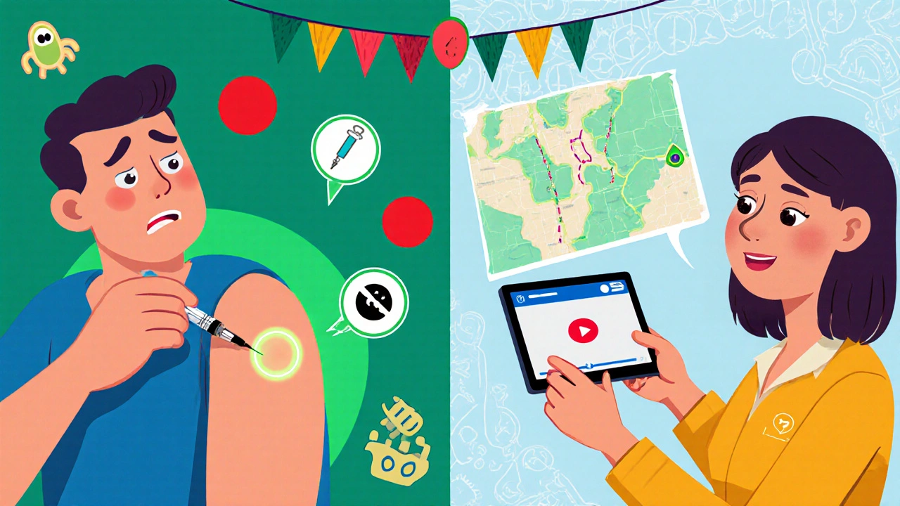 Comparison of improper vs. proper injection techniques with visual warnings and guidance.
