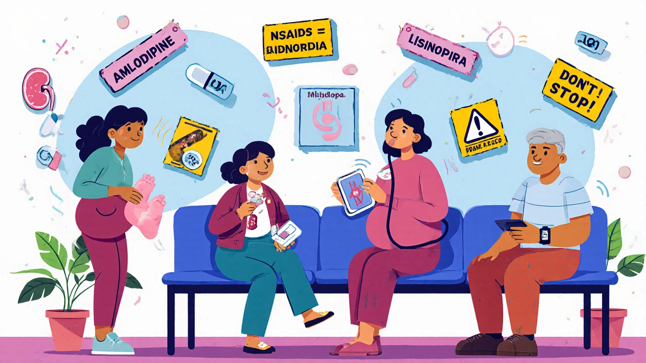 Diverse patients in clinic with cartoon pill symbols and warning signs in vibrant Mexican animation style.