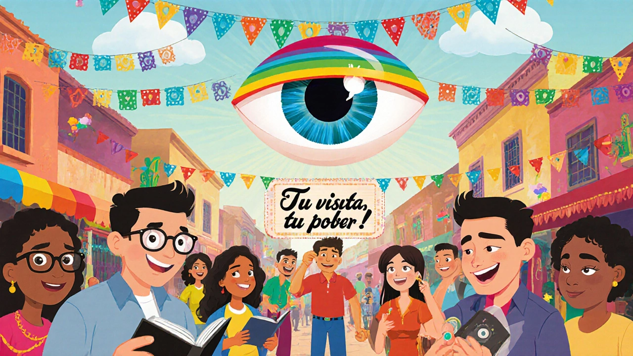 Diverse people in a marketplace with animated vision zones above them, wearing different corrective lenses under colorful banners.