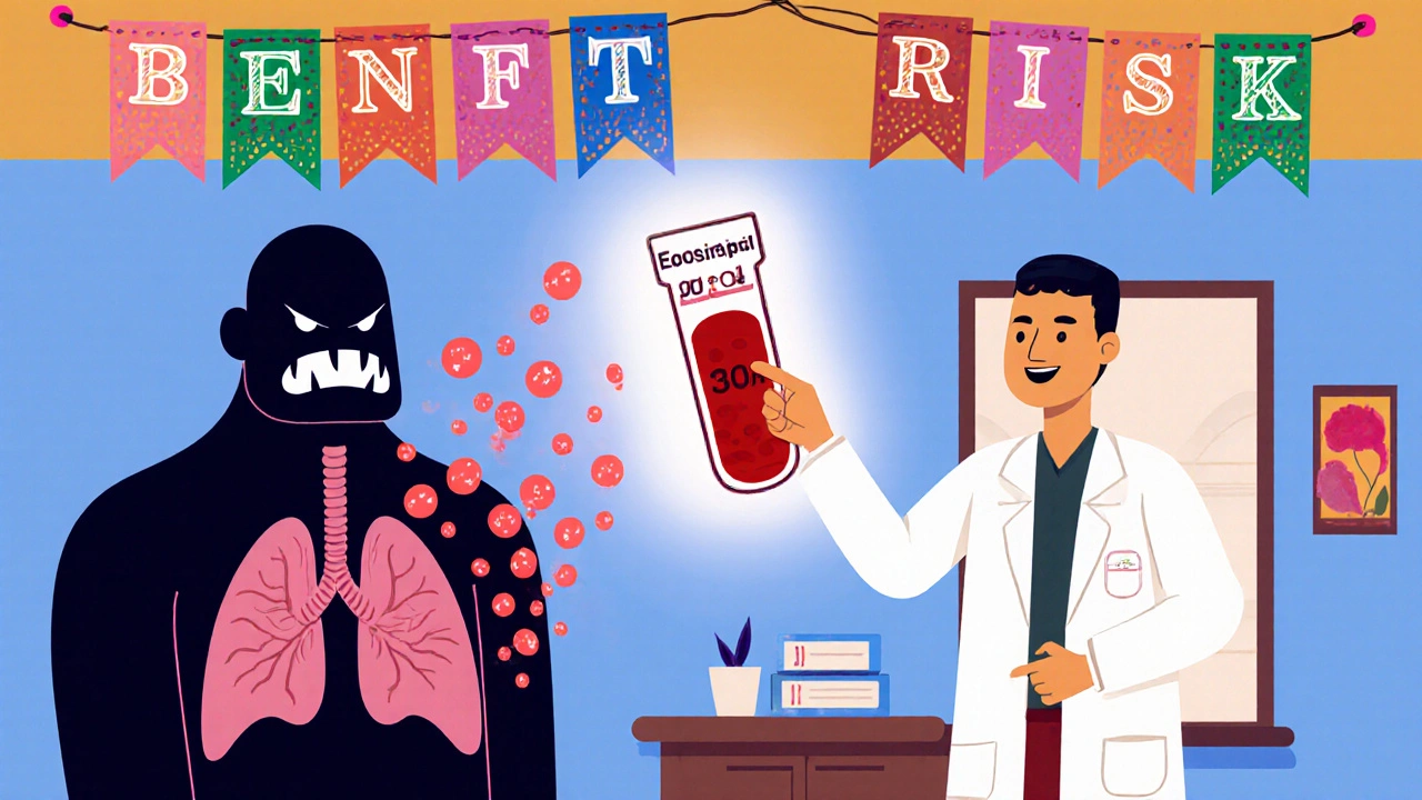 Doctor and patient viewing a glowing blood test with eosinophil cells, pneumonia monster recoiling.