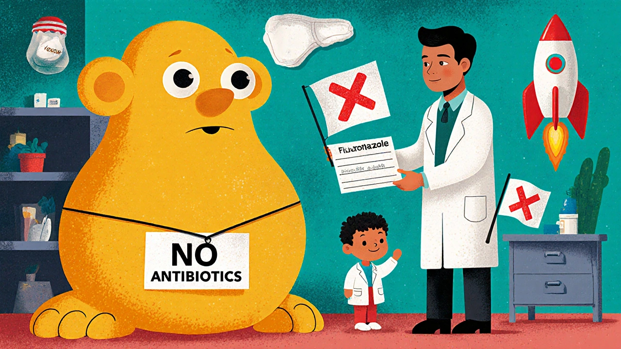 Doctor gives patient antifungal and probiotics as a defeated yeast monster cowers, with cultural icons floating in background.