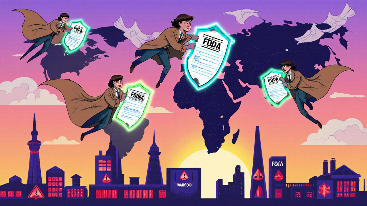 FDA inspectors fly globally to inspect factories, with one clean facility glowing green while others glow red.