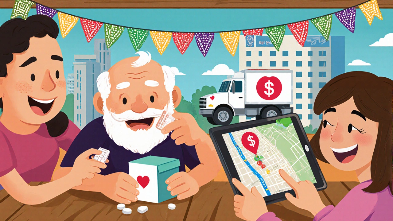 Grandfather takes pills from one synced box at dinner while granddaughter shows a GPS tracking map on a tablet.