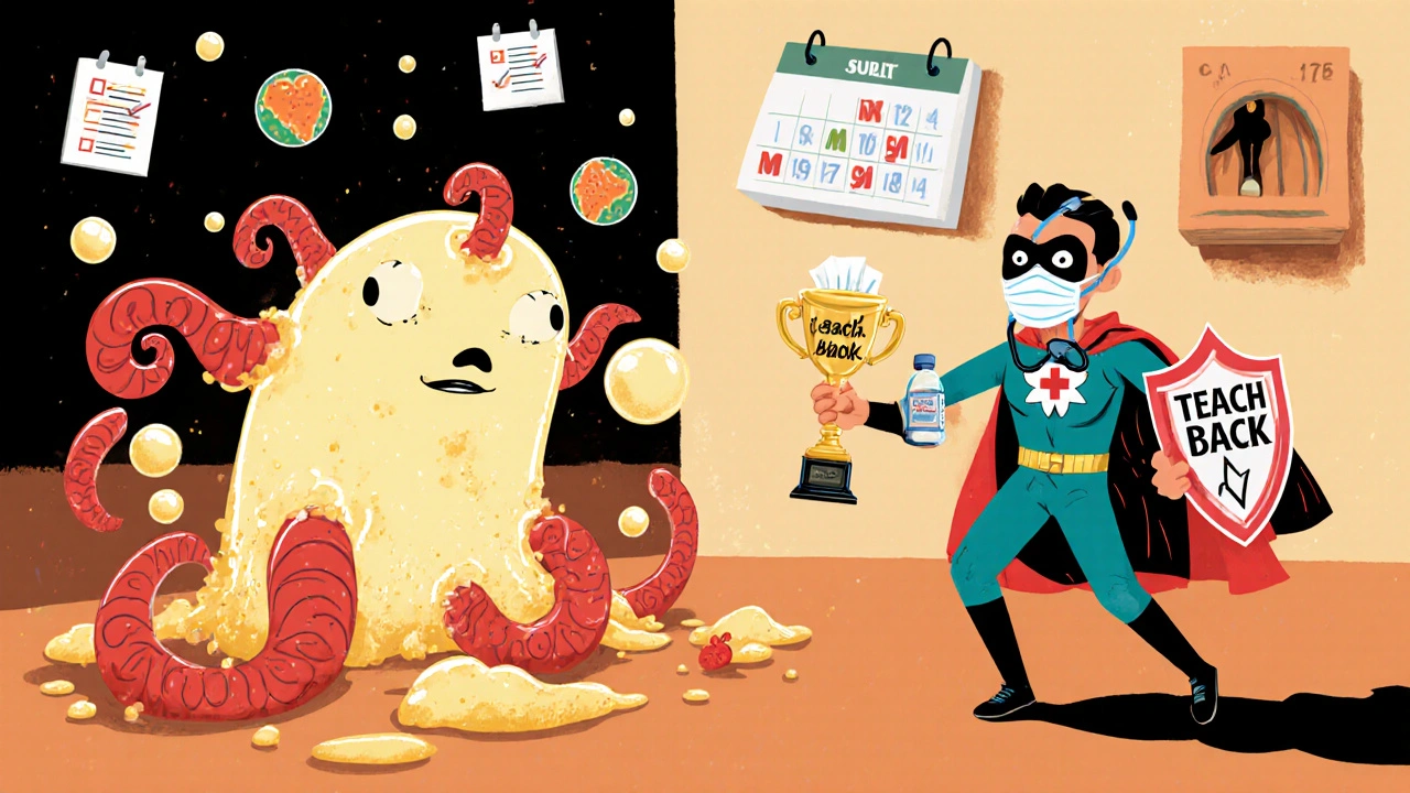 Heroic patient defeating an infection monster using proper injection safety practices.