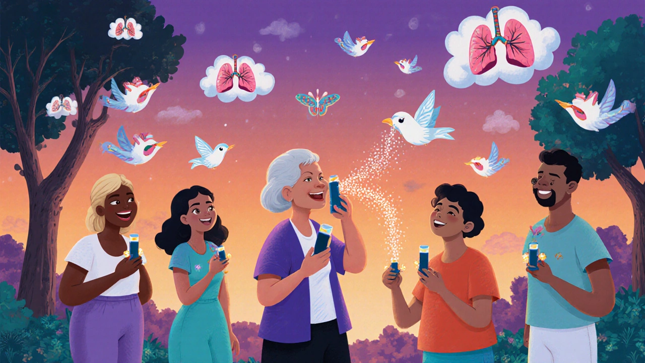 Patients in a park using inhalers that turn into birds, one rinsing mouth as water becomes a butterfly.