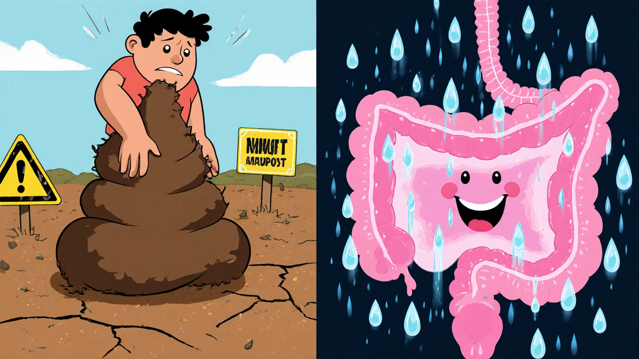 Side-by-side: hard stool causing pain vs. soft stool eased by hydration, illustrated in vibrant cartoon style.