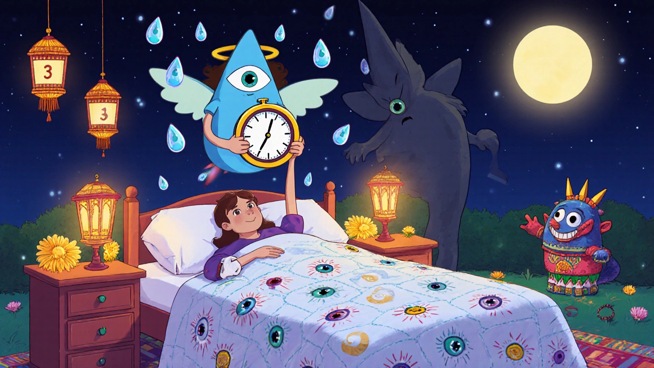 Sleeping patient protected by a glowing eye-drop guardian angel, with traditional lanterns and mythical creatures nearby.