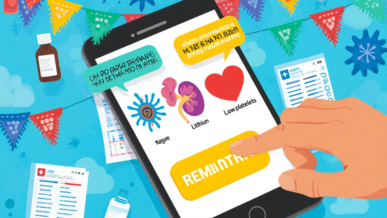 Smartphone screen with animated health app showing warning symbols for medication side effects and a reminder button.