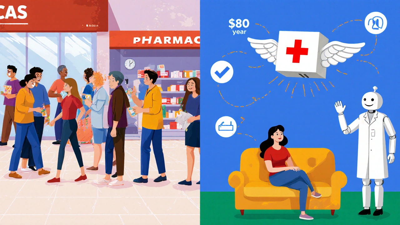 Split scene: frustrated pharmacy line vs. calm home with a flying delivery box bringing meds and savings icons.