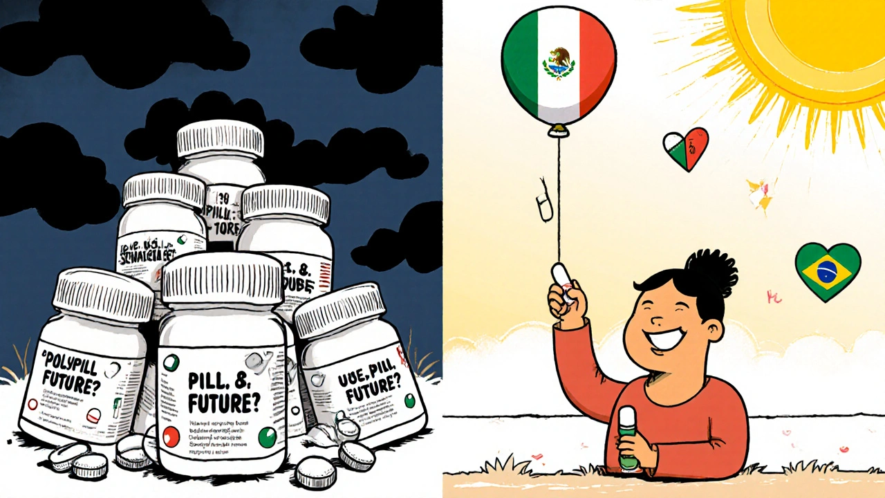 Split scene: one side overwhelmed by pills, the other holding one pill under a bright sun.