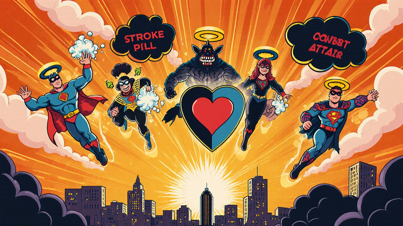 Superhero medicine team fighting heart and stroke threats in a stylized cartoon city at sunrise.