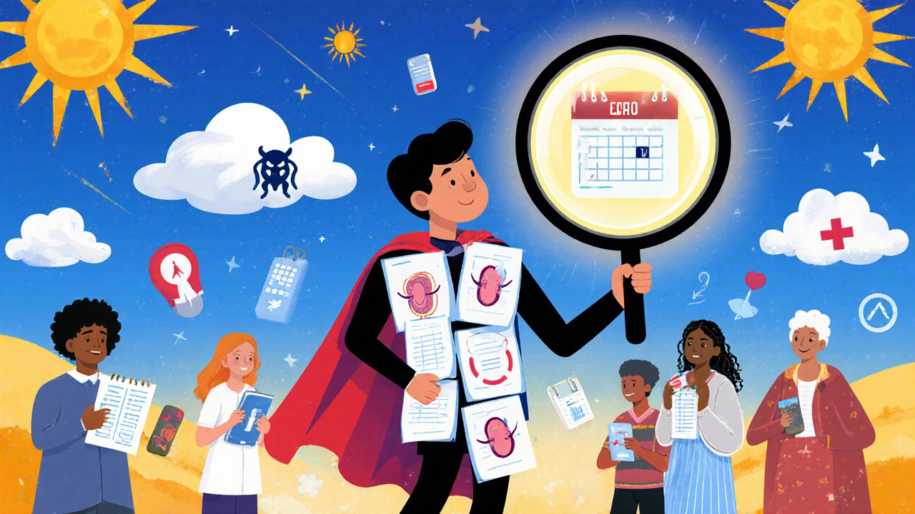 Superhero patient using a calendar cape to reveal hidden dangers of unmonitored medications in a vibrant cartoon scene.