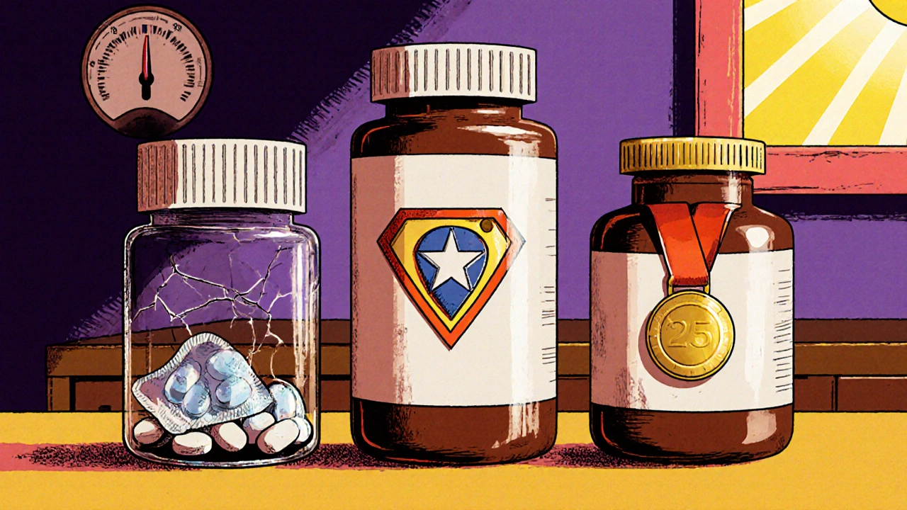 Three pill bottles showing different levels of moisture protection in a sunny drawer.