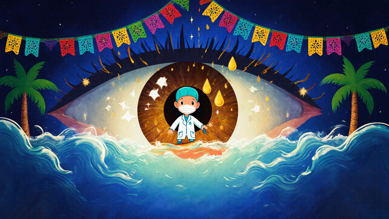 Tiny surgeon in a boat navigating a glowing eye fluid river, with golden drops reducing pressure waves during surgery.