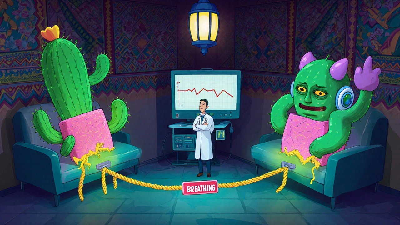 Two symbolic brainstem figures pull on a rope labeled &#039;Breathing&#039; in a hospital room with folk art patterns.