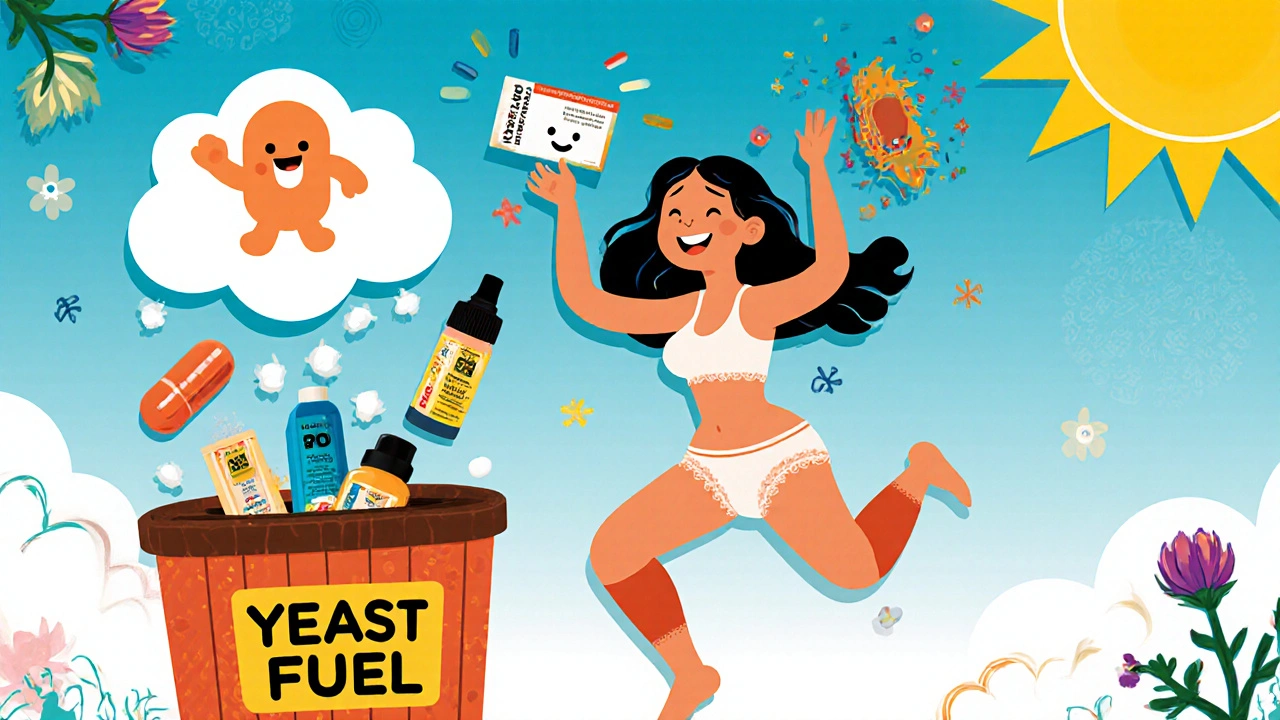 Woman happily discarding yeast-triggering products while holding probiotics and cotton underwear, in vibrant Mexican animation style.