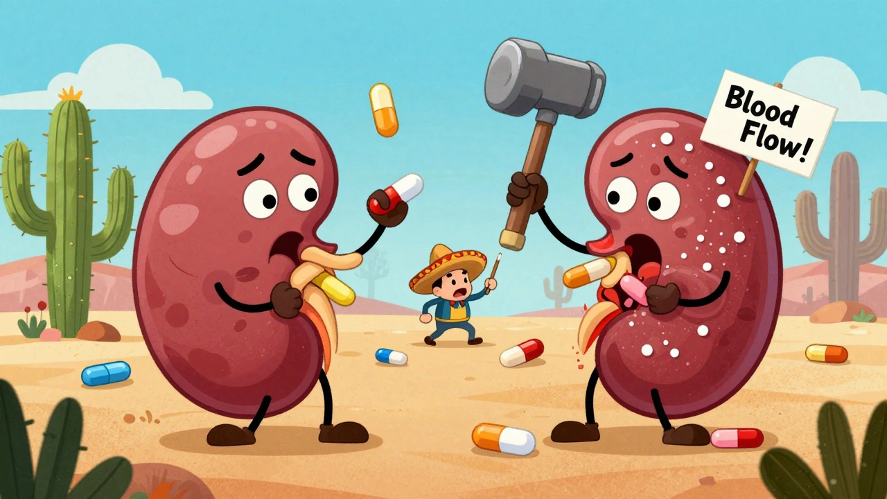 A chaotic tug-of-war inside a kidney involving three medications in vibrant Mexican cartoon style.