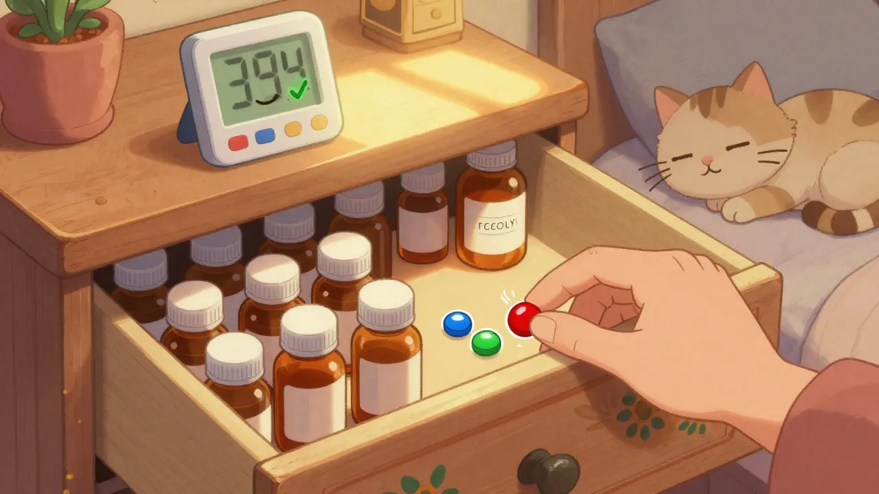 A cozy bedroom drawer with organized medicine bottles and color-coded stickers under warm light, in Mexican animation style.