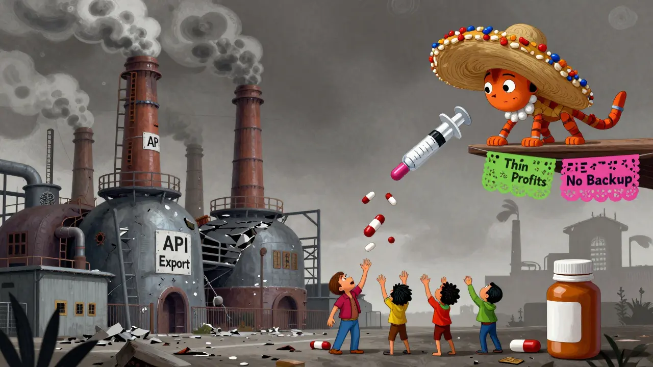 A crumbling foreign factory drops pills that vanish, while a symbolic alebrije creature watches sadly.