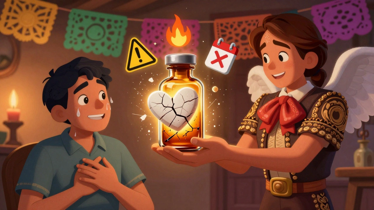 A crumbling nitroglycerin tablet in a cracked vial, with warning symbols and a helper offering a new one.