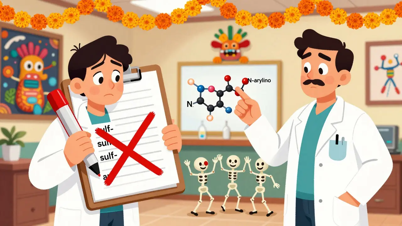 A doctor crossing out drugs vs. an allergist explaining molecular differences with friendly chemical figures in a festive clinic.