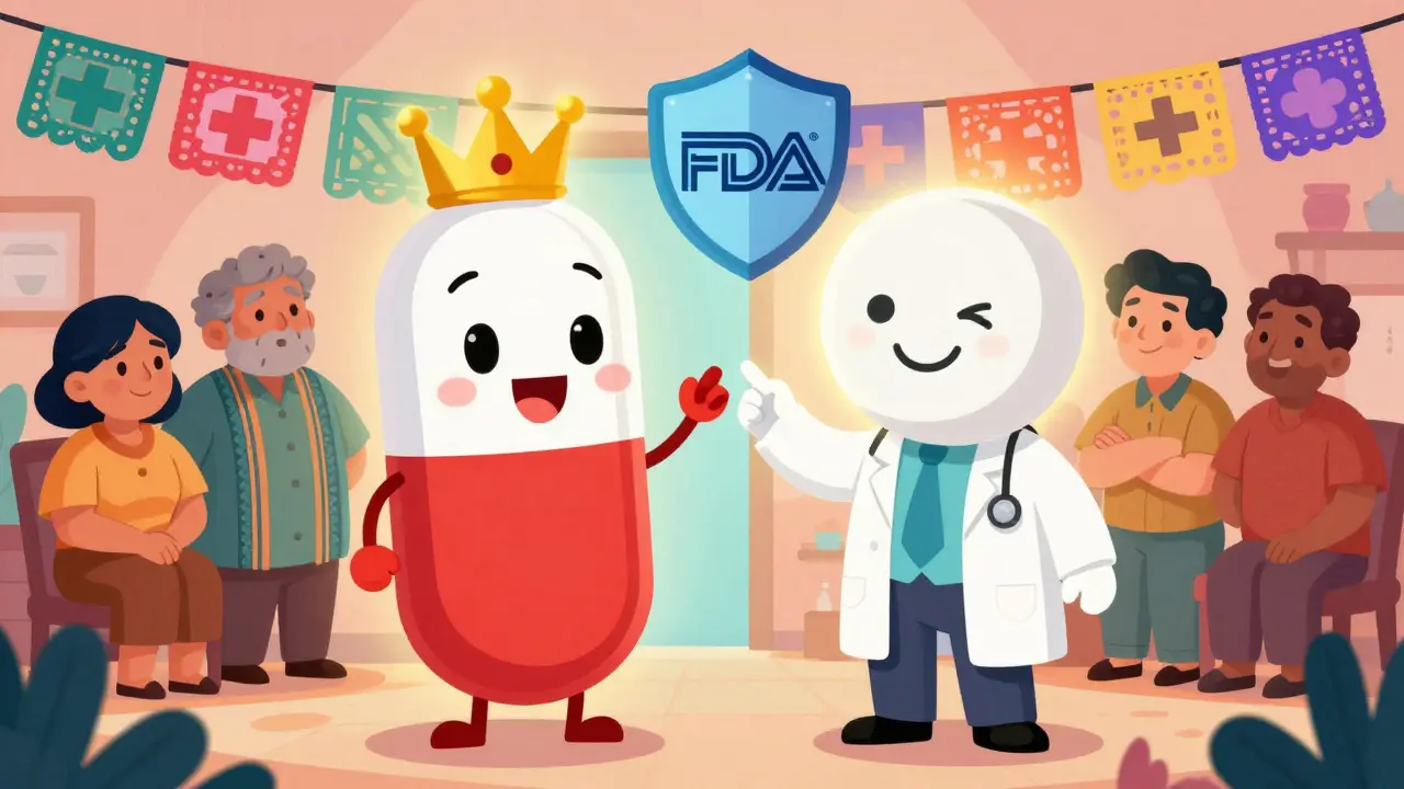 A doctor points to two smiling pills—one branded, one generic—both equal under an FDA shield, surrounded by confident patients in Mexican folk-art style.