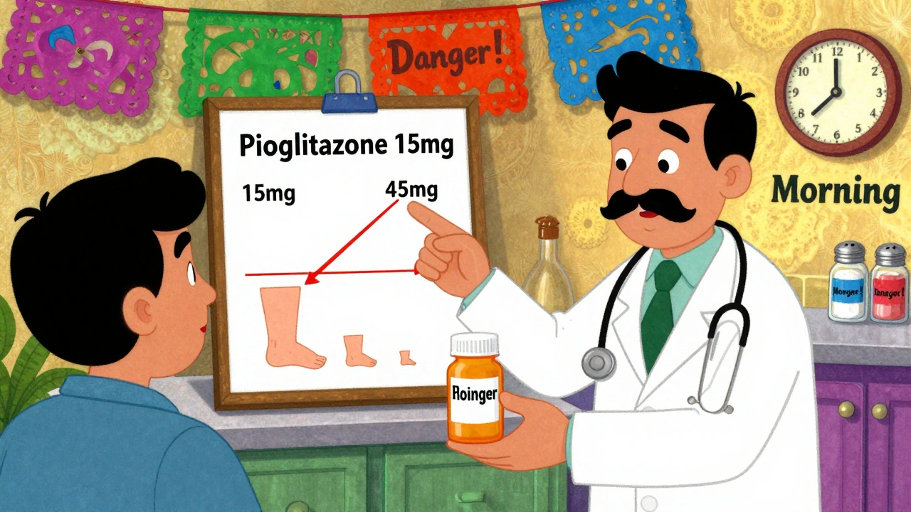 A doctor showing a patient a dosage chart with swollen legs shrinking on a lower TZD dose, morning light in background.