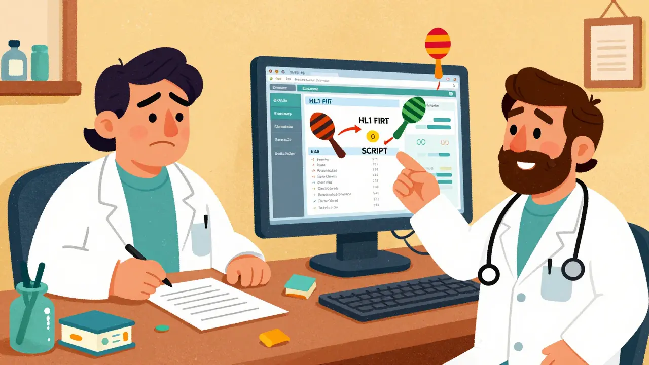 A doctor watches data flow from pharmacy to EHR in a split-panel scene with animated standards like FHIR and NCPDP SCRIPT as festive icons.