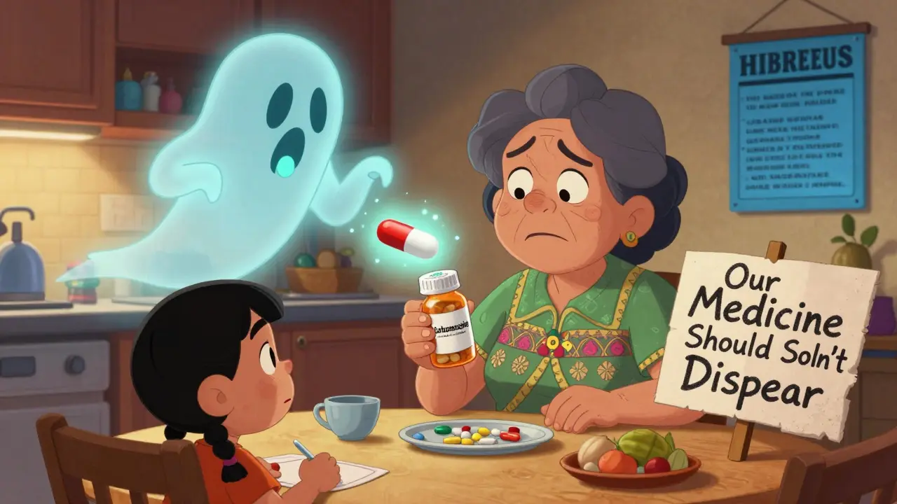 A family at home facing a missing medication, with a ghostly pill fading and a  substitute glowing nearby, in Mexican cartoon style.