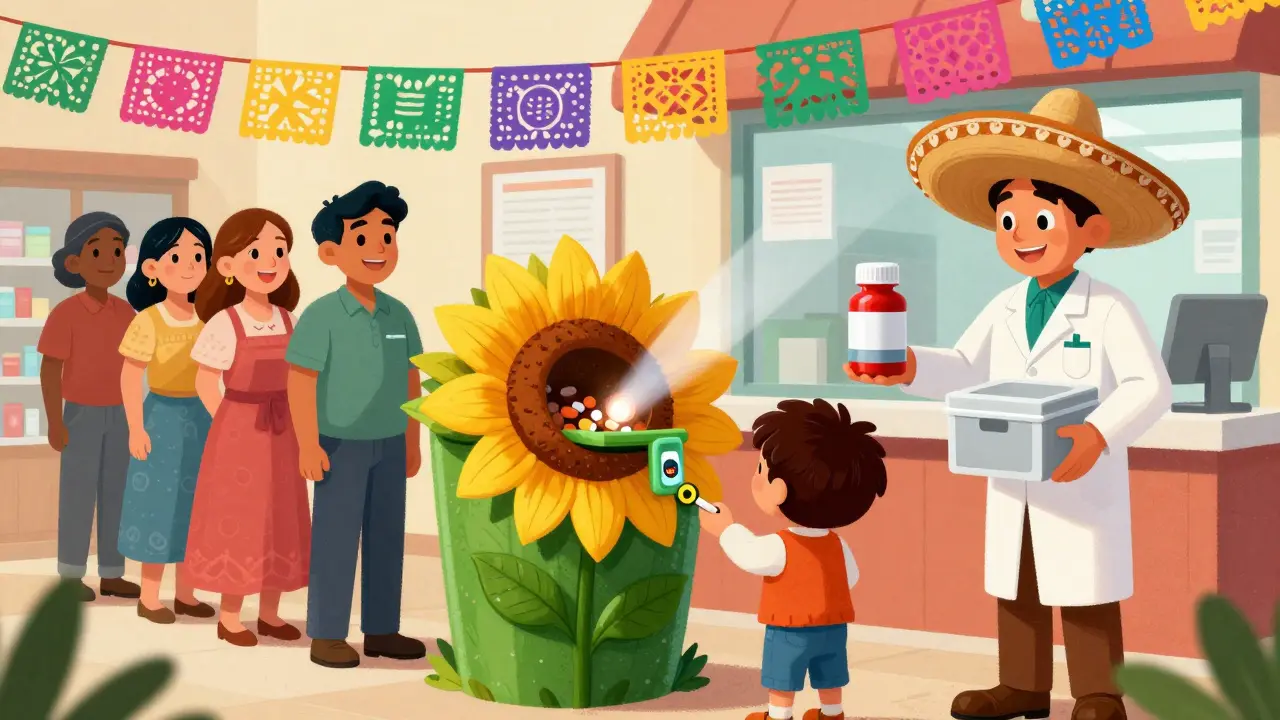 A festive drug take-back event at a pharmacy with people donating meds to a sunflower-shaped bin, in Mexican cartoon style.