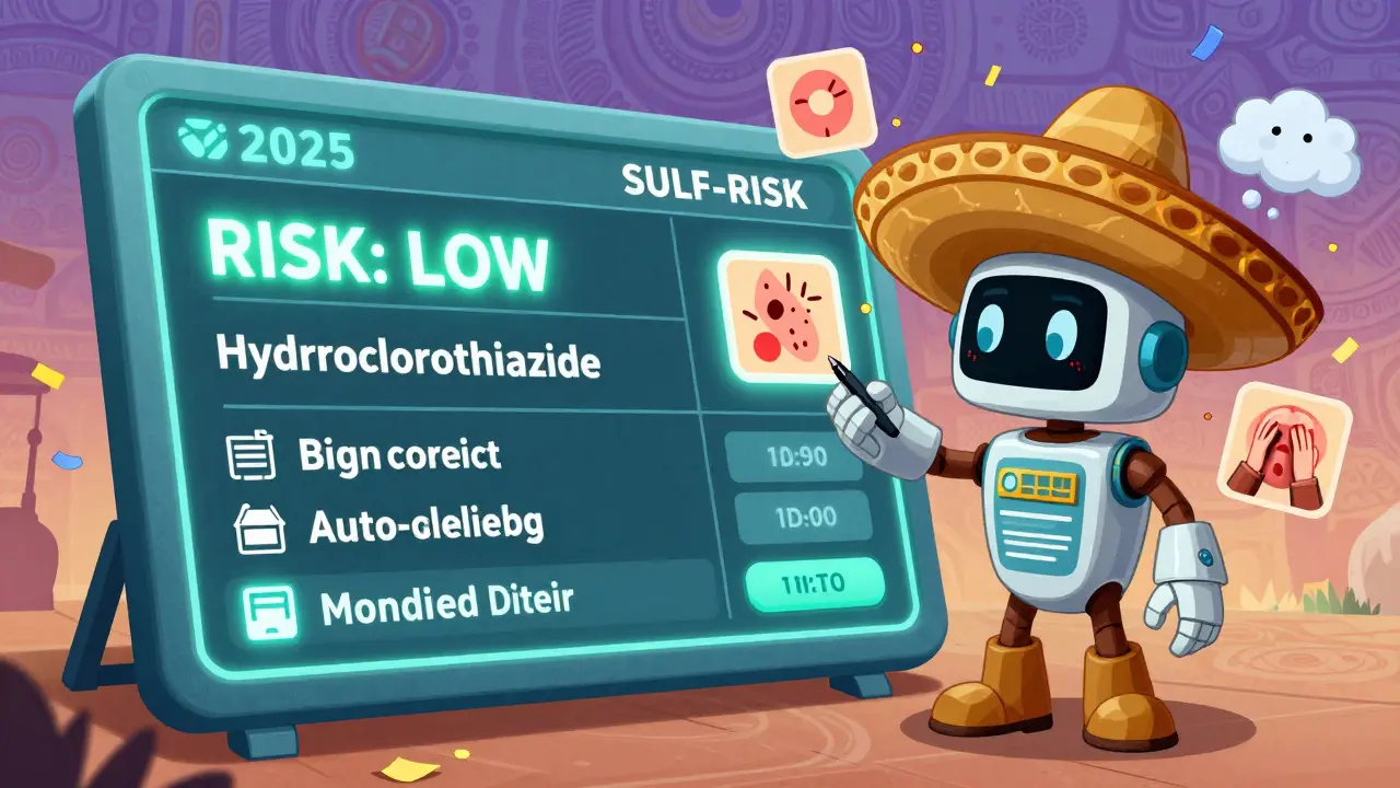 A glowing health record screen with a SULF-RISK robot correcting a false allergy label, surrounded by dissolving symptoms.