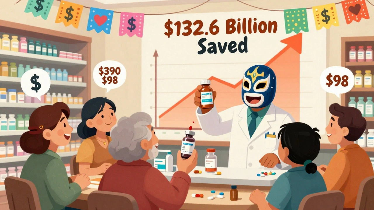A joyful pharmacy scene with patients receiving affordable generic pills, price tags turning into hearts, and a savings graph in the background.