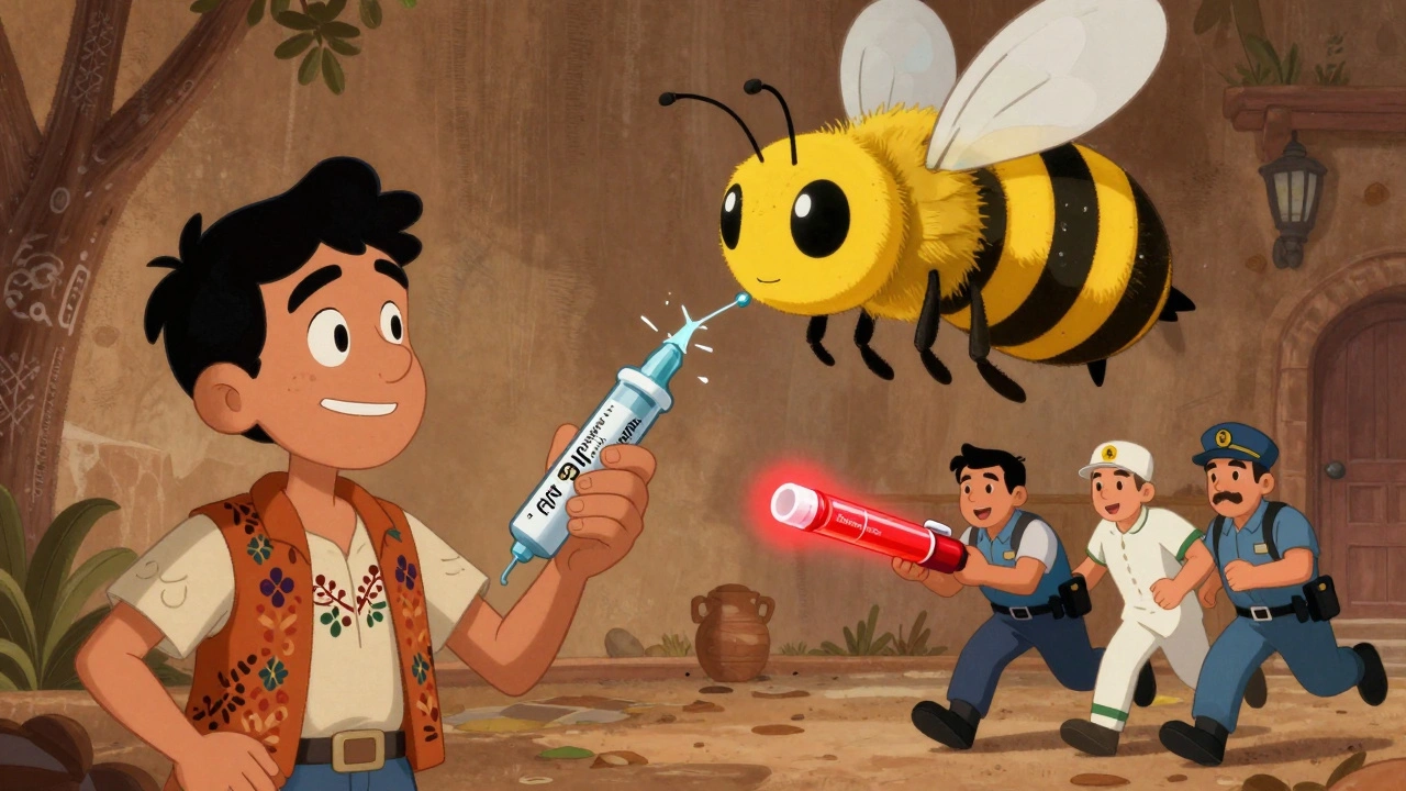A man using a broken EpiPen as a giant bee approaches, paramedics rushing to help.