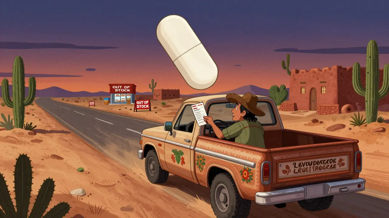 A patient drives through a desert, staring at a floating missing pill icon above their truck dashboard.