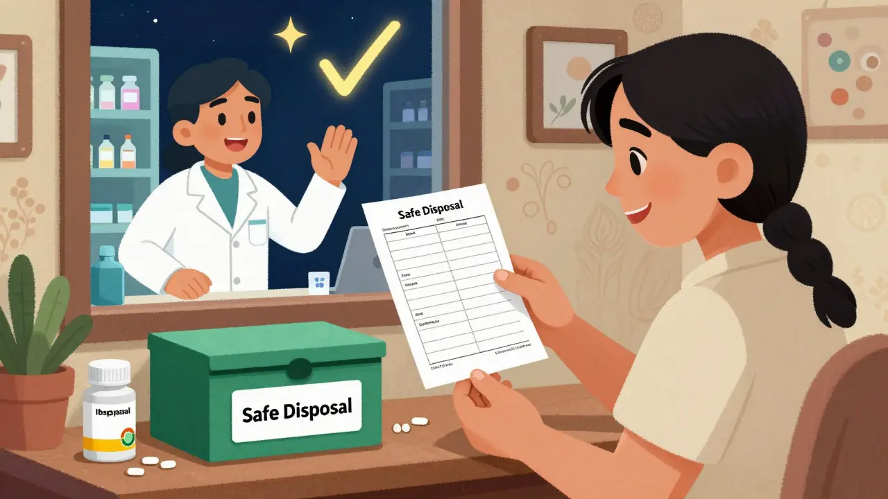 A patient drops unused opioids into a safe disposal box at home, with a pharmacist waving from the pharmacy window.