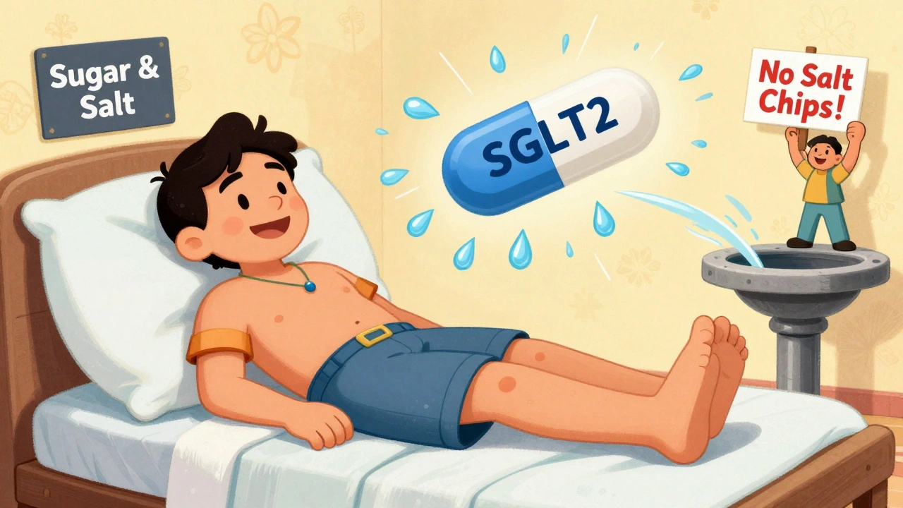 A patient elevating swollen legs as a superhero pill flushes out fluid, with a &#039;No Salt Chips&#039; sign in the distance.