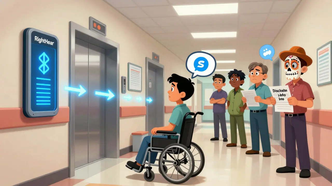 A patient navigating a hospital with audio signage while staff are confused by paper documents.