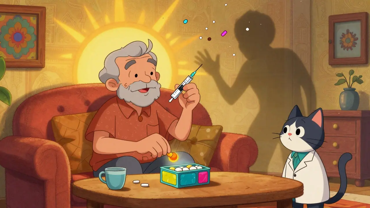 A patient taking a daily pill as a fading injection needle turns to confetti, in a warm, folk-art-inspired room with a watching cat.