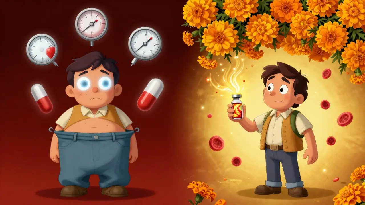 A patient transitioning from burdensome steroid side effects to vibrant health under a marigold canopy.