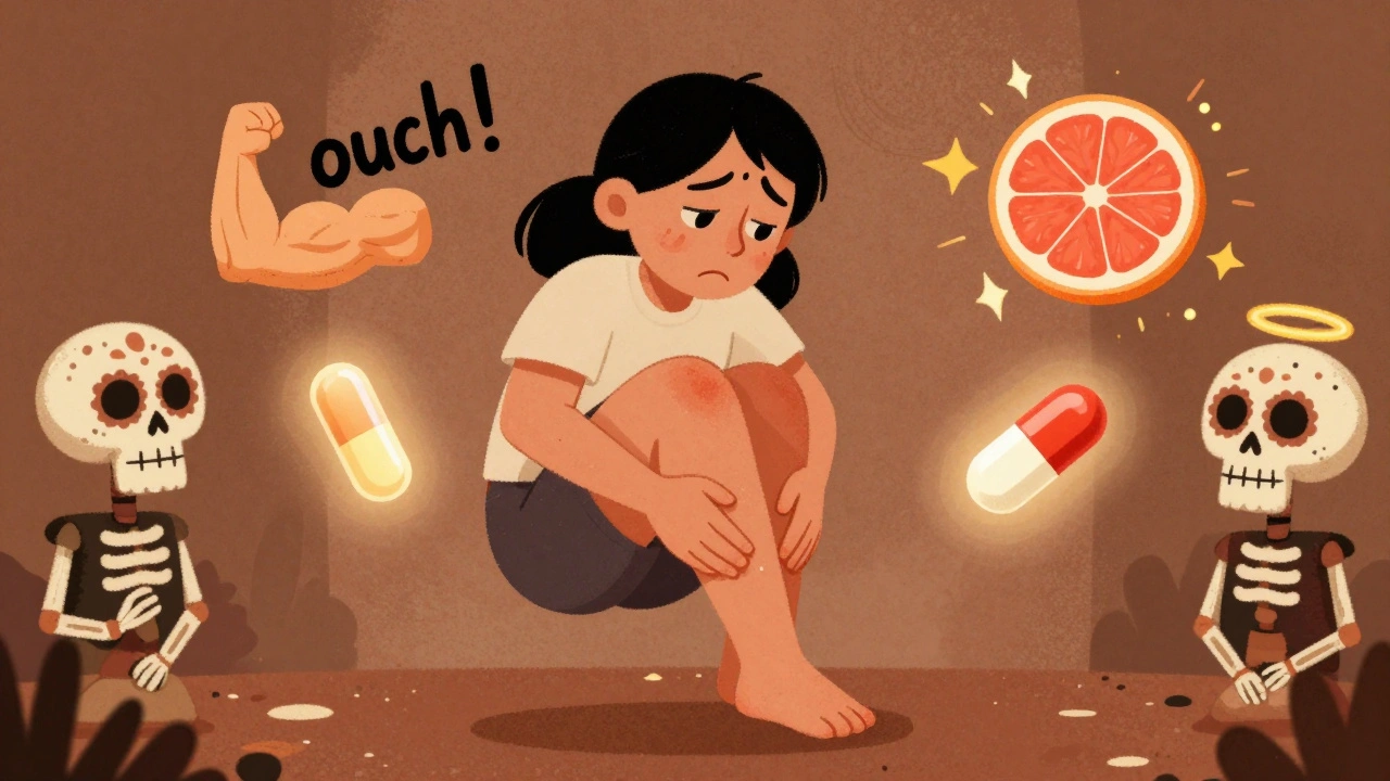 A person experiencing muscle pain surrounded by symbolic icons of statins, CoQ10, and grapefruit, depicted in colorful Mexican animation style.